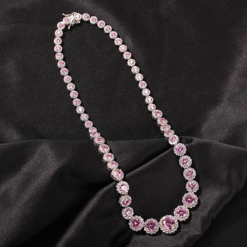 Hip Hop Round Pink Zircon One Row Tennis Chain Necklace