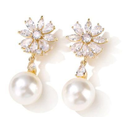 Rose Gold Earring, Bridal Wedding Pearl CZ Earring Jewelry, Bridesmaid Earring