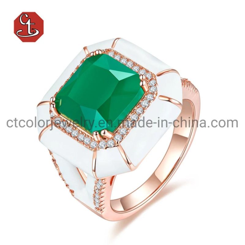 Fashion Jewelry Emerald Diamond White Enamel Ring Elegant Silver or Copper Jewelry for Female