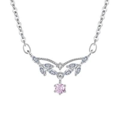 Romantic Light Luxury Pink Zirconium 925 Sterling Silver Necklace Female Diamond Leaf Pendant Necklace