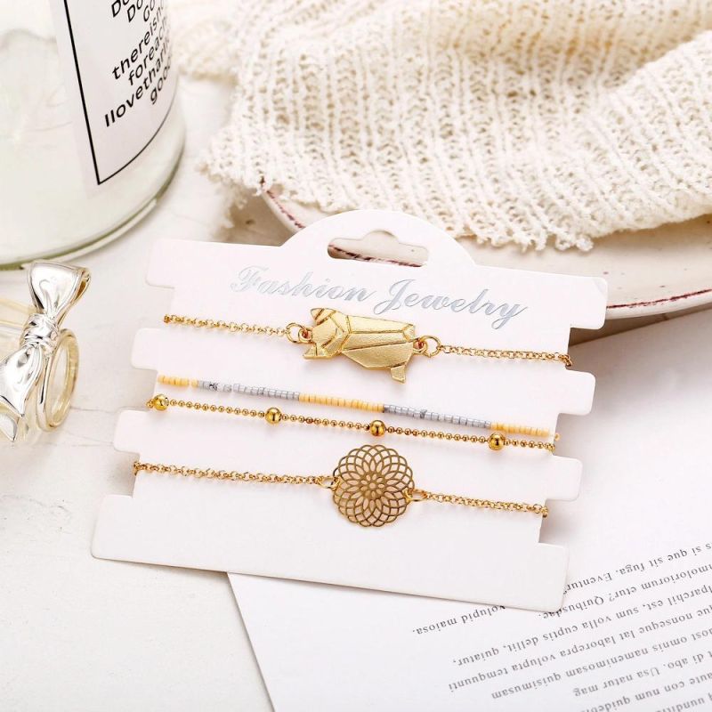 Fashion Jewelry Gold Multi-Layer Alloy Bracelet with Hollowed-out Pattern and Cat Charm