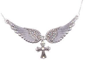 Cross Angel Wing Pendant Necklace for Women Crystal Adjustable Antique Silver Plated