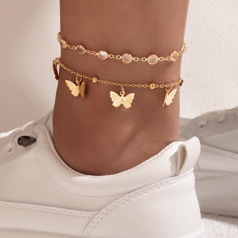 Manufacturer 2022 New Design 18K Gold and Rhodium Plated 2 Layered Fashion Jewelry Anklet with Butterfly and Crystal Faceted Bead Women Foot Bracelet Anklet