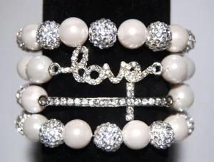 Fashion Bracelet, Crystal Love, Sideway Cross Charm Bracelet, Glass Pearl Bead Bracelet Set (Z0097)