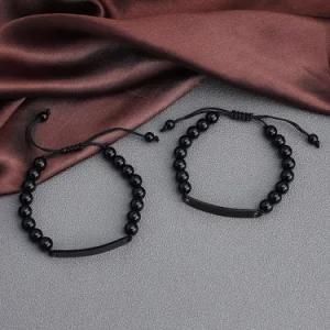 2021 Astofli New 6mm Obsidian Beaded Bracelet Men&prime;s Jewelry Stainless Steel Bar Black Bead Bracelet
