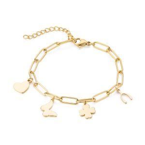 Paper Clip Chain Butterfly Heart Flower Pendant Lucky Women Girl Stainless Steel Charm Bracelet