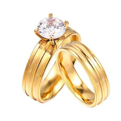 Weddings Jewelry Stainless Steel 18K Gold PVD Classic Style Simple and Elegant Printing Diamond Engagement Wedding Ring Set