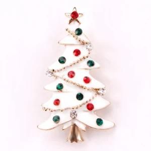 Color Rhinestone Crystal and White Enameled Christmas Snow Tree Pin Brooches in Gold Color Plated
