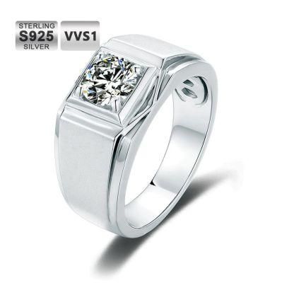 S925 Silver Rhodium Plated 1CT Temperamental-Style Men&prime;s Silver Romantic White Moissanite Men Jewelry Rings