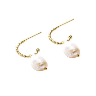 Simple Fashion Personalized 925 Sterling Silver Natural Freshwater Pearl Drop C Shaped Hoop Earring for Girls