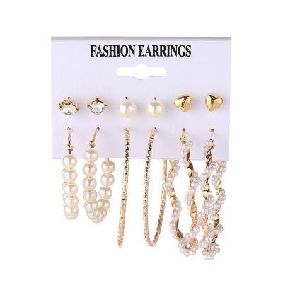 6 Pairs Pearl Heart Ccb Crystal Studs with Pearl Twisted Big Hoop Earrings for Women Accessories