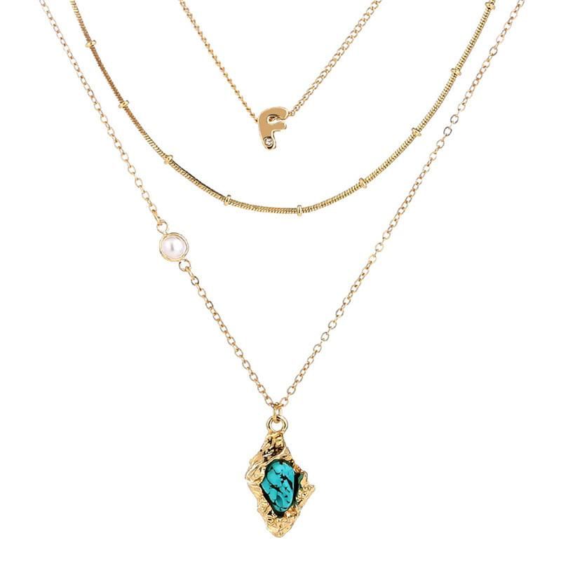 3 Layered F Letter Necklace Pearl Natural Turquoise Irregular Semiprecious Pendant Multiple Necklace for Women