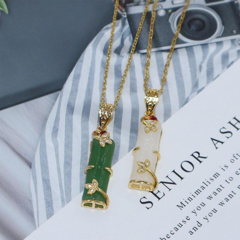 Real Gold Plated Stainless Steel Natural Stone Bamboo Necklace Jewelry Pink Natural Jade Bamboo Necklace for Women Girls