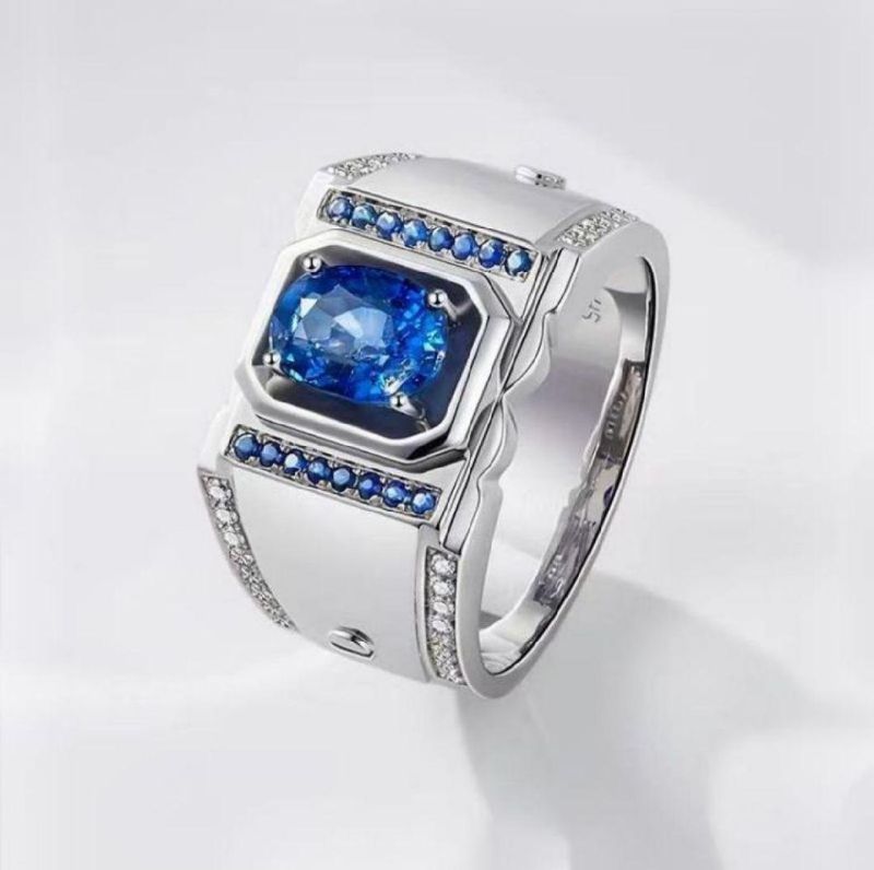 925 Sterling Silver Men′ S Ring Blue Sapphire Oval Shape with Blue Zircon Jewelry