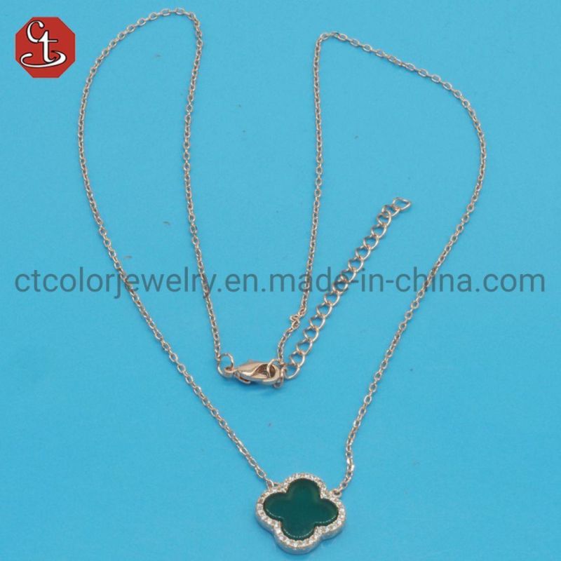Created Green Onyx Clover Necklace Pave AAA+ CZ Clover Silver or Brass Necklaces