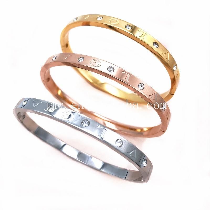 Stainless Steel Letter Girls Boys Jewelry 18K Gold Plated Three Color Lovely Young Girl Zircon Bangle Bracelet