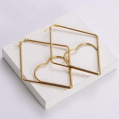 Geometry Series Valentine&prime;s Day Gift Heart Pattern Jewelry 18K Gold Plated Stainless Steel Square Hoop Oversize Earrings