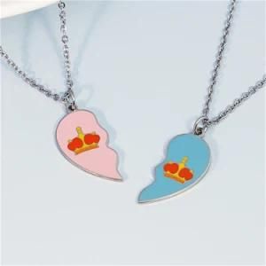 Stainless Steel Pink Blue Enamel Heart Love Crown Couples Matching Necklace