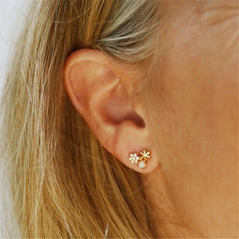 Daily Wear Fine Jewelry Wholesale Price Double Flower Alloy Metal Stud Earrings with Opal in Gold Plated for Women