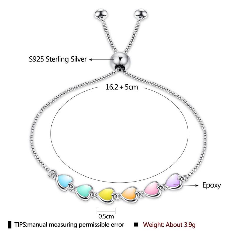 925 Sterling Silver Rainbow Heart Bracelet Heart-Shaped Girls Bracelet