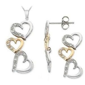 Two Tone Sterling Silver Heart Earrings Pendant Jewelry Set