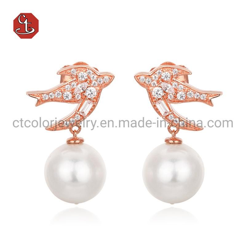 925 Sterling Silver and rass Fashion Jewelry Pearl Earrings for Jewelry Design bird Shape Shell Pearl Stud Earring