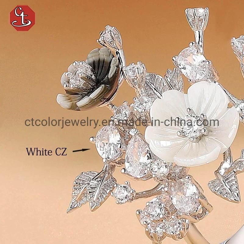 Fashion new 925 silver with 4A white CZ natural MOP flower ring