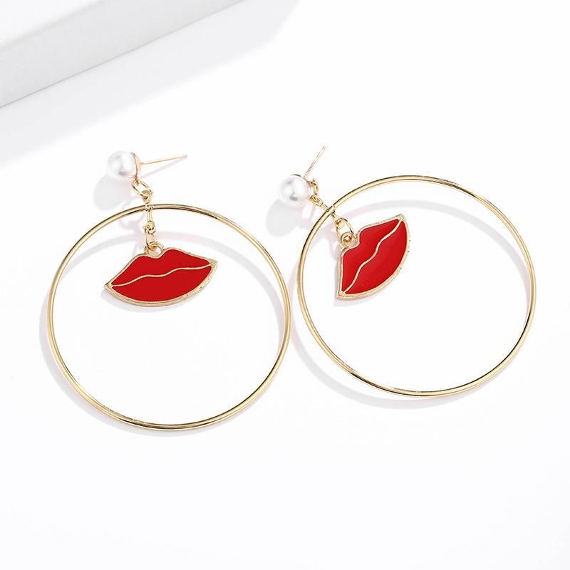 Wholesale Alloy Jewelry Fashion Simple Alloy Big Circle Red Lips Stud Earrings