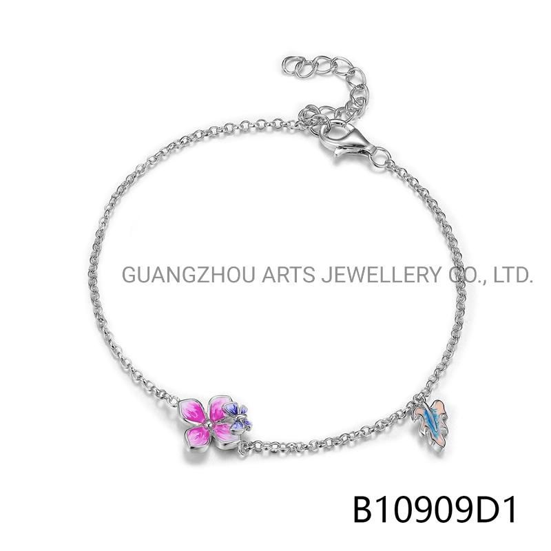 925 Sterling Silver Cute Sweet Dazzling Enamel Flower & Leave Bracelet