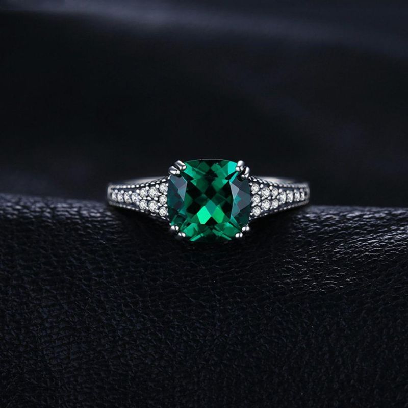 Vintage Cushion Nano Russian Simulated Created Emerald Ring 925 Sterling Silver Jewelry