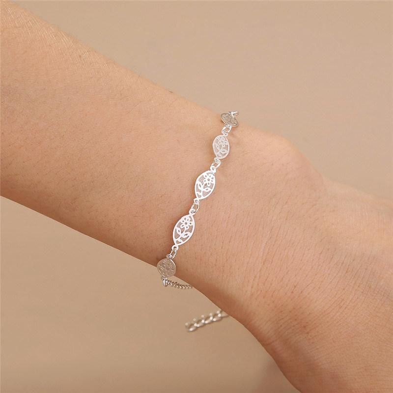 Fashion Jewelry Silver Plated Filigree Stamping Leaf Charm Bracelet for Women Accessories
