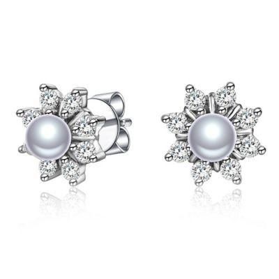 Classic Round CZ 925 Sterling Silver Bright Pearl Stud Earring