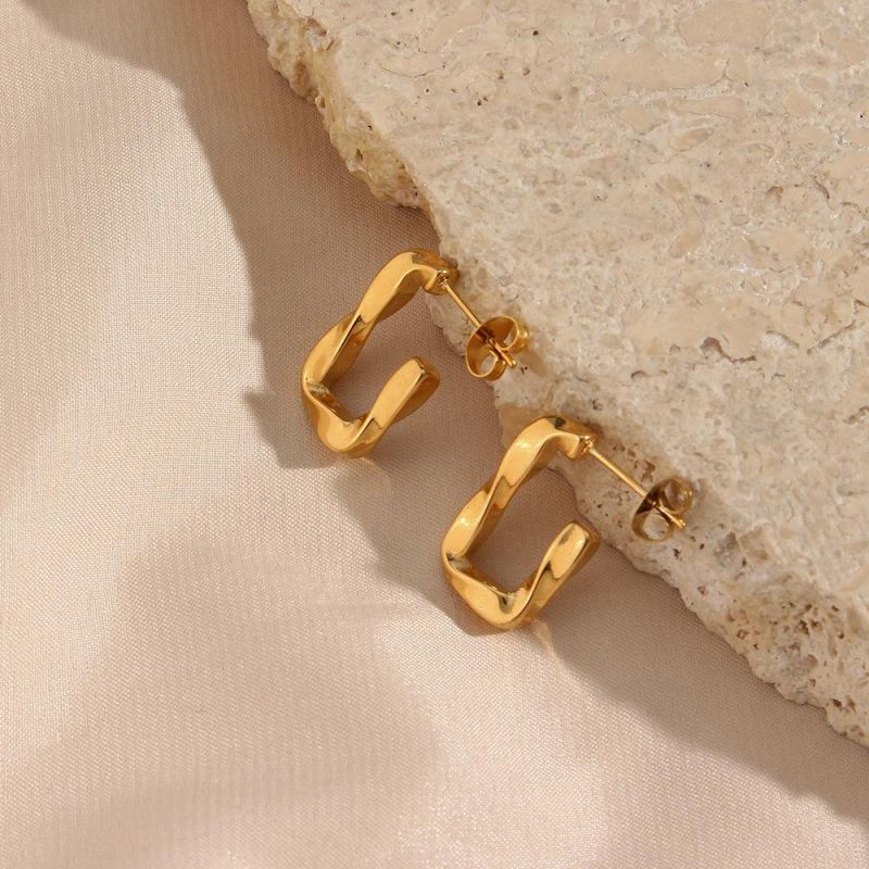 Factory Customized Fashion Jewelry Wholesale High-End Stainless Steel Jewelry Statement Twist U-Shaped Large 18K Gold-Plated Ring Earrings