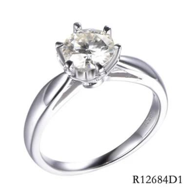 Classical 925 Sterling Silver Clear 1CT 6.5mm Moissanite Main Stone Ring