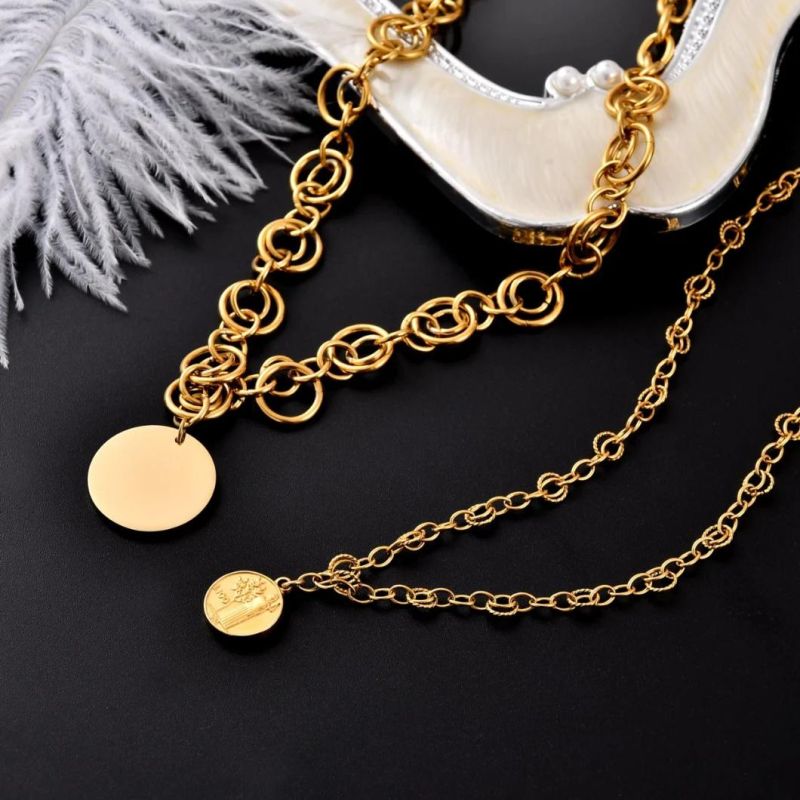 Fashion Gold Plated Circle Link Round-Shaped Charm Pendants 15inch, 22inch Layer Necklace for Men Women