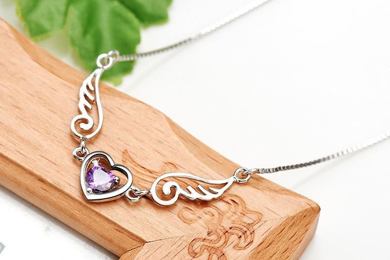 Fashion Wings Women Love Heart Zircon Sweater Pendant Necklace