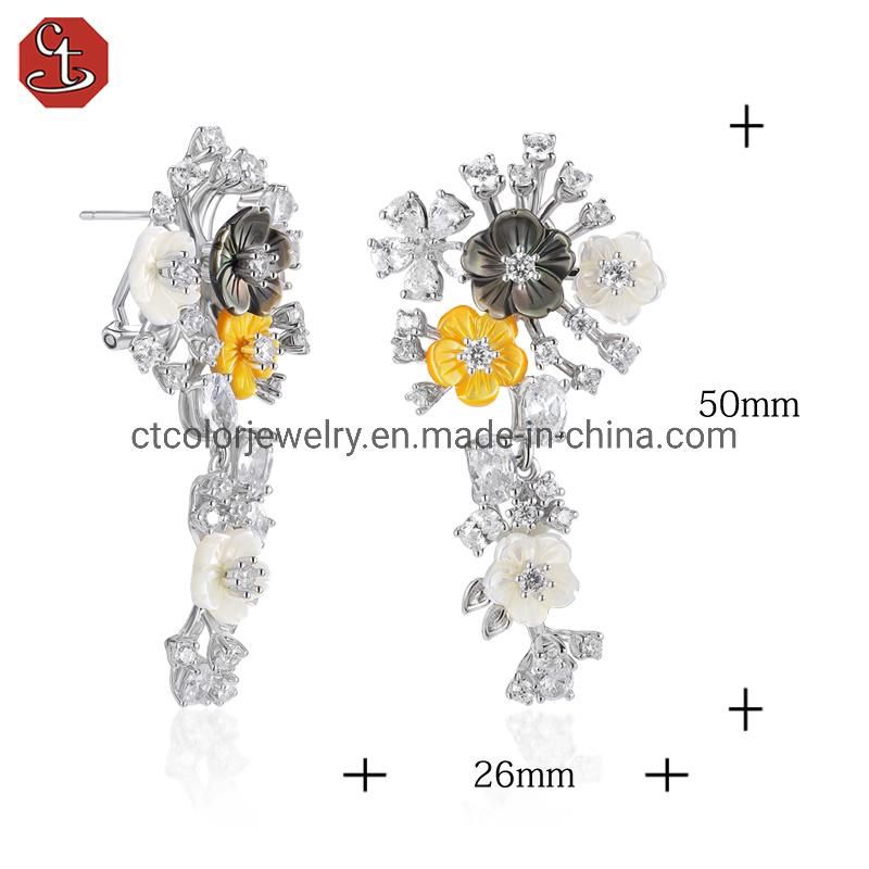 New fashion white CZ MOP flower sterling silver omega earrings