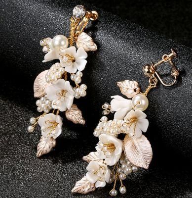 Wedding Bridal Crystal Pearl Earring. Silver Ceramic Flower Elegant Earring