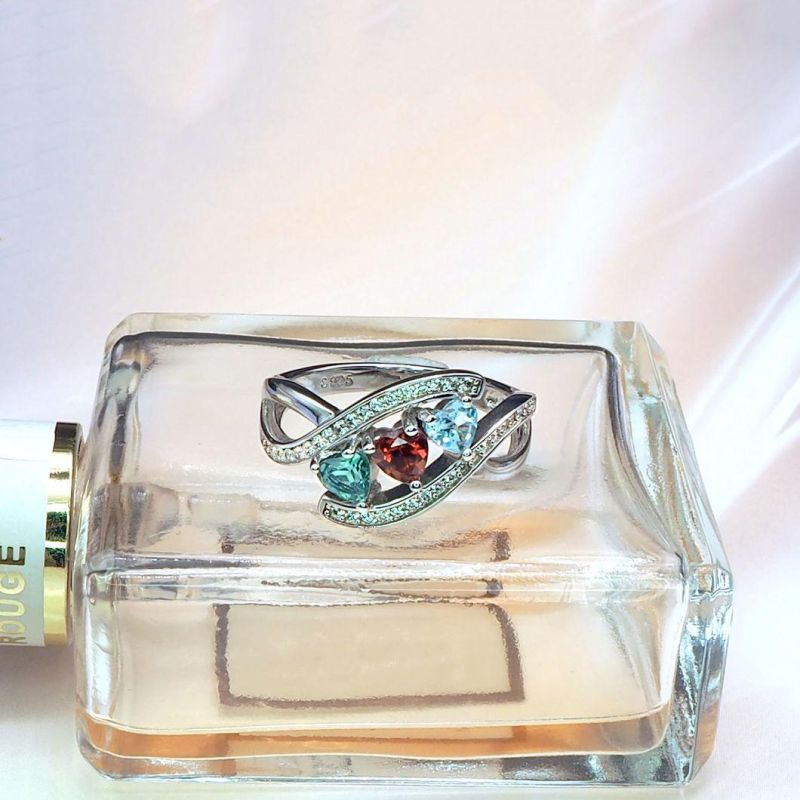 925 Sterling Silver Jewelry Heart Ring with Gemstone Created Topaz/Garnet/Green Amethyst