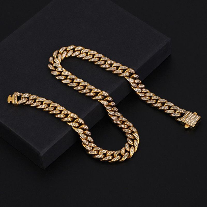 New Popular Stainless Steel Full Diamond Cuban Chain Bracelet Necklace Men′s Fashion Trend Student Accessories Bl2221