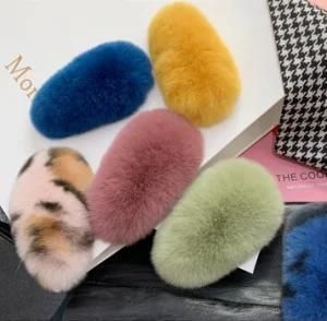 2021 Hot Sale Luxury Real Rex Rabbit Fur Hairpin Cute Plush Furry Fur Bb Hair Clip Hair Accessories for Women