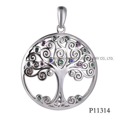Colour Stones on The Life of Tree Silver Round Shaped Pendant