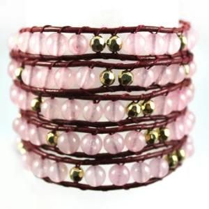 Pink Stone Cross Leather Beaded Wrap Bracelet