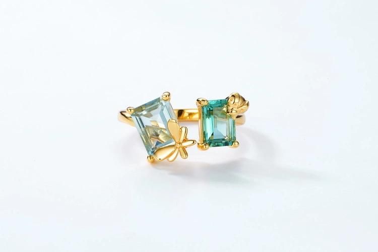 Gemstone Blue Topaz and Green Amethyst Double Stone Ring Sterling Silver Jewelry