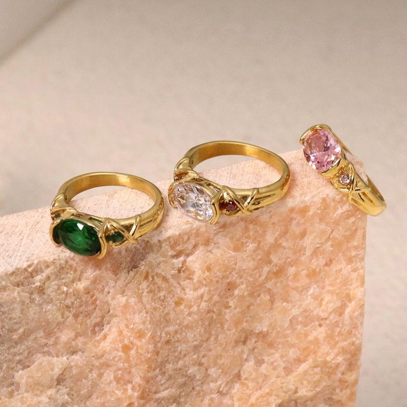 Minimalist Three Color Gemstone Gold Plated Ring Red Blue Green CZ Stone Ring for Women