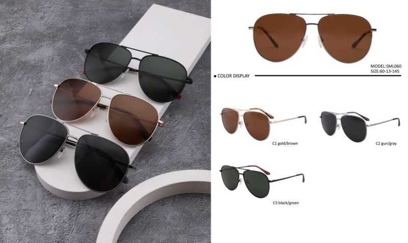 Stylish Men′ S Metal Frame Silver Double Bridge Pilot Sunglasses