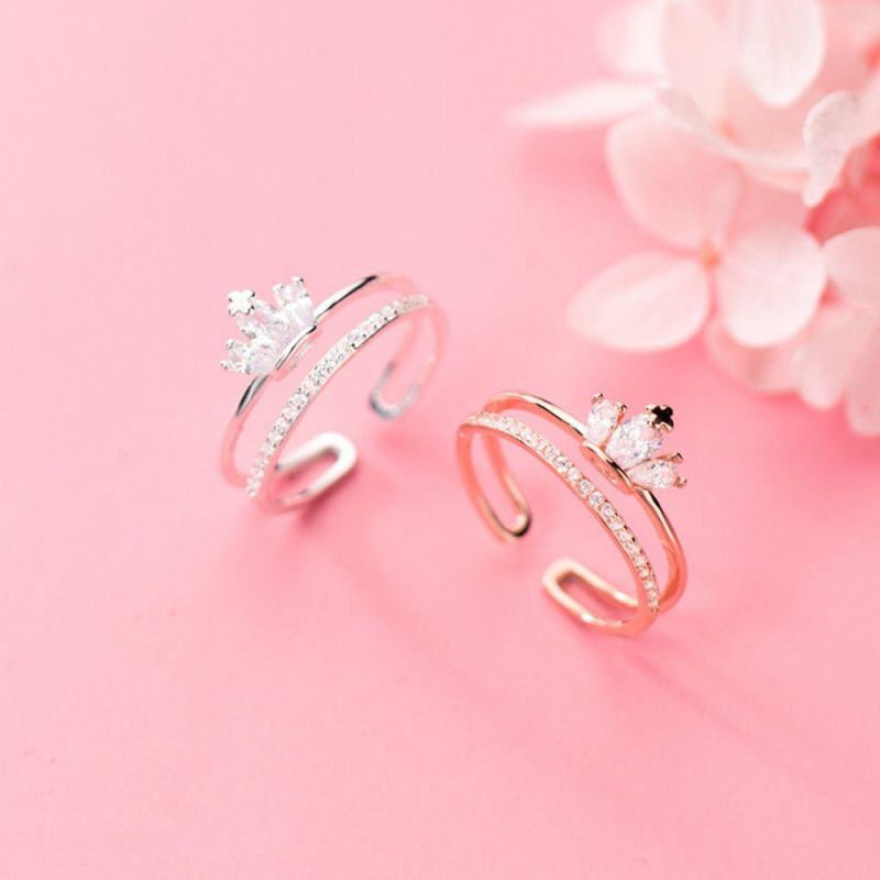Real 925 Sterling Silver Ring Crown Zircon Fashion Exquisite Adjustable Ring Women Wedding Girls Jewelry Gift