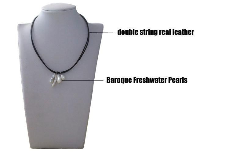 Fashion Double String Leather Necklace with 4PCS Baroque Natural Pearl Pendant