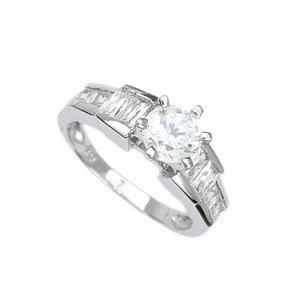 Halo Round Diamond Stone Baguette AAA CZ Silver Women Ring