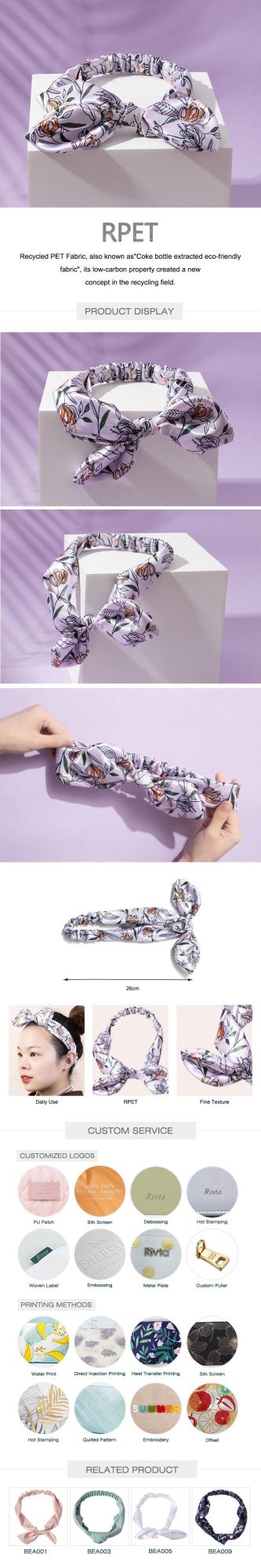 Grs Certificate 100%RPET Satin Scrunchy, 100%Ecofriendly Hair Headband. Hair Elastics Bunny Ear Scrunchies